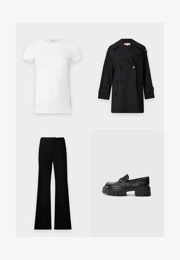 Mustat kaksiriviset trench-coatit laajalla kauluksella, napit ja sivutaskut. Valmistettu sileästä kankaasta, suoralinjainen malli ja käänteillä varustetut hihat.; Valkoinen ribattu lyhythihainen T-paita pyöreällä kaula-aukolla. Kangas näyttää sileältä ja istuvalta. Brändilogo näkyvissä kauluksessa.; Mustat levenevät housut, joissa on sileä pinta, muotoiltu vyötärö ja etutaskut, jotka on suunniteltu nykyaikaiseen ja sulavaan siluettiin.; Mustat nahkakengät, joissa on paksu pohja, kultaisella korostuksella edessä ja sileällä pinnalla. Paksu kuvio pohjassa.