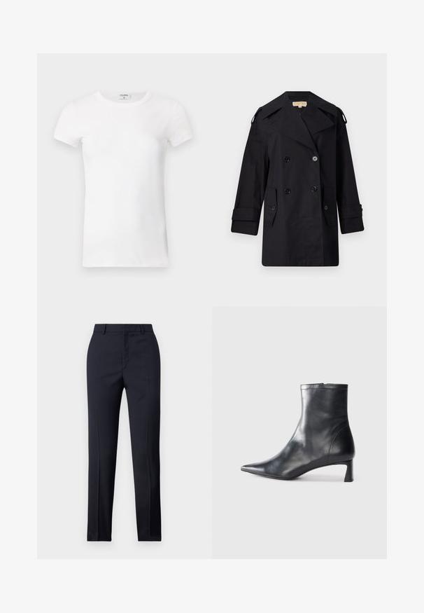 Cămașă neagră, cu dublu rând de nasturi, trenci cu guler larg, nasturi și buzunare laterale. Fabricată dintr-un material neted, cu o croială dreaptă și mâneci cu mansete.; Cămașă albă din bumbac cu mânecă scurtă, tip T, cu guler rotund. Materialul pare neted, având o siluetă ajustată. Eticheta de brand este vizibilă la guler.; Pantaloni tailor-made de culoare bleumarin cu o croială dreaptă, având o textură netedă, două buzunare frontale și o talie curată.; Cizmă de gleznă din piele neagră cu vârf ascuțit și un design elegant. Dispune de un toc mic și de o închidere cu fermoar la spate. Textură netedă.