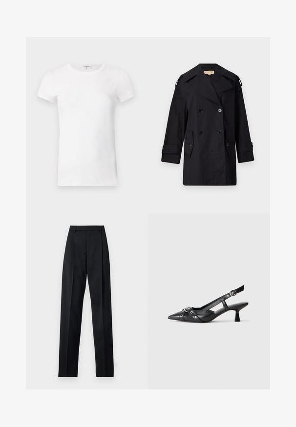 Črn dvojnikičasti plašč s širokim ovratnikom, gumbi in stranskimi žepi. Narejen iz gladkega materiala, z ravnim krojem in manšetami.; Bela rebrasta majica s kratkimi rokavi in okroglo ovratnikom. Tkanina se zdi gladka z oprijetim silhueto. Oznaka blagovne znamke vidna na ovratniku.; Črne hlače iz gladkega materiala, ki imajo visok pas, široke noge, sprednje nabore in klasične zanke za pas. Nevidni stranski žepi.; Črne usnjene sandale središnje zaponke z ostro konico, okrasnimi trakovi z kovinskimi očesi in nizko blokasto peto. Teksturirana površina.