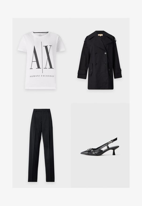 Juodas dvigubas paltas su plačiu apykakle, mygtukais ir šoninėmis kišenėmis. Pagamintas iš lygaus audinio su tiesia kirpimo linija ir rankovėmis su atvartais.; Baltas medvilninis T-shirts su juodu "AX" logotipu ir "ARMANI EXCHANGE" tekstu. Klasikinė apvalia iškirpte, trumpomis rankovėmis ir laisvu siluetu.; Juodos kelnės iš lygaus audinio, pasižyminčios aukštu liemeniu, plačiomis kojomis, priekinėmis klostėmis ir klasikiais diržo kilpomis. Šoninių kišenių nematyti.; Juodas odinis slingback tipo batai su smailiu priekiniu atvartu, dekoratyvinėmis sagtimis su metaliniais akyčiais ir žemu blokiniu kulnu. Saldus paviršius.