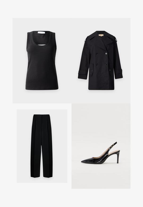 Črn dvojnikičasti plašč s širokim ovratnikom, gumbi in stranskimi žepi. Narejen iz gladkega materiala, z ravnim krojem in manšetami.; Črna brezrokavna majica iz rebraste tkanine, s širokim izrezom in majhnim izrezom spredaj za dodatno oblikovanje.; Črne široke hlače z visokim pasom, ki vključujejo naborke in gladko teksturo. Tkanina se zdi lahka in elegantno pada.; Črne lakirane slingback čevlje z izostrenim nosom, ozkim peto in subtilnim izrezom. Na traku je zlata sponka.