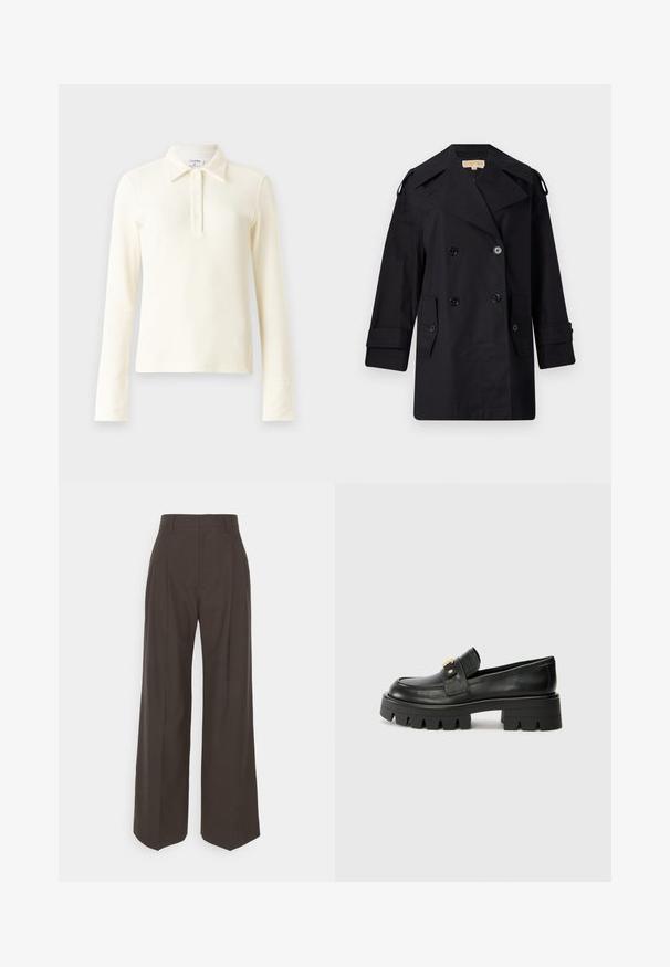 Czarny podwójnie zapinany płaszcz przeciwdeszczowy z szerokim kołnierzem, guzikami i bocznymi kieszeniami. Wykonany z gładkiego materiału, o prostym kroju i mankietach.; Kremowa, żeberkowana bluzka polo z długim rękawem, z kołnierzykiem i zapięciem na trzy guziki. Posiada dopasowane mankiety oraz miękką, teksturowaną tkaninę.; Ciemnobrązowe spodnie z szerokimi nogawkami i wysokim stanem, wyróżniające się starannie wyprasowanymi zagnieceniami, gładką fakturą i dopasowanym krojem.; Czarne skórzane loafersy z masywną podeszwą, z akcentem w kolorze złota z przodu i gładkim wykończeniem. Masywna podeszwa z ciekawym wzorem.