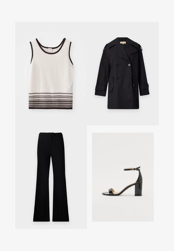 Sort dobbeltradet trenchcoat med bred krave, knapper og sidetaske. Lavet af et glat stof med lige snit og manchetter.; Hvid ribbet tanktop med sort kant og dekorative vandrette striber ved kanten. Stoffet ser tekstureret og tætsiddende ud.; Sorte flagrende bukser med en glat tekstur, skræddersyet talje og forlommer, designet med en slank, moderne silhuet.; Sorte lakerede sandaler med bred hæl, åben tå og ankelrem med en guldbuckle. Glat tekstur og strømlinet design.