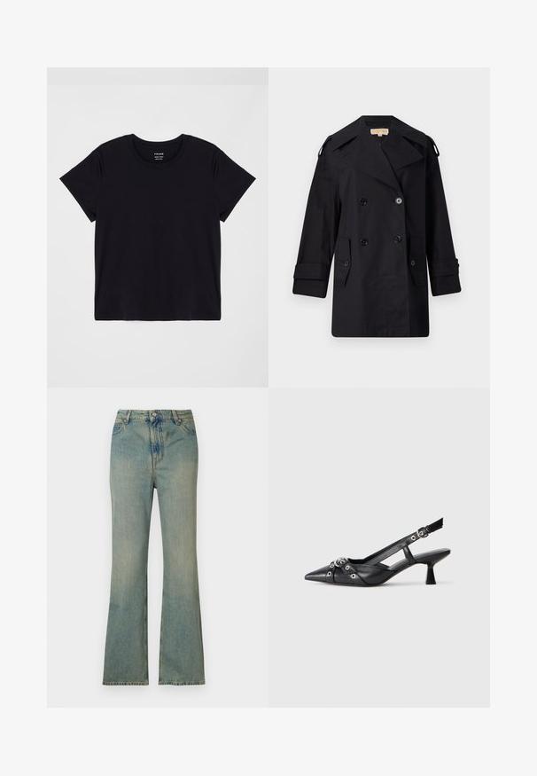 Cappotto trench nero doppiopetto con ampio colletto, bottoni e tasche laterali. Realizzato in un tessuto liscio con taglio dritto e maniche a sbuffo.; T-shirt nera a maniche corte in cotone morbido. Design classico con colletto tondo e superficie semplice e senza fronzoli, con una vestibilità comoda.; Jeans a zampa di elefante in denim azzurro chiaro con vita alta, cinque tasche e chiusura con zip. Finitura pulita e sbiadita con dettagli di cucitura sottili.; Scarpa slingback nera in pelle con punta affusolata, cinturini decorativi con occhielli metallici e tacco basso a blocco. Superficie testurizzata.