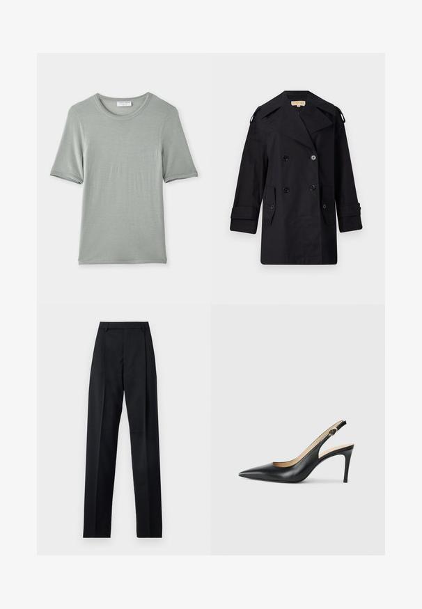 Černý dvojřadý trenčkot s širokým límcem, knoflíky a bočními kapsami. Vyroben z hladkého materiálu se rovnými liniemi a manžetovými rukávy.; Tričko s krátkým rukávem a kulatým výstřihem v světle šedé barvě, vyrobené z měkké tkaniny s hladkou texturou a jemným prošitím na rukávech a výstřihu.; Černé kalhoty vyrobené z hladké tkaniny, vybavené vysokým pasem, širokými nohavicemi, předními záhyby a klasickými poutky na opasek. Nejsou viditelné boční kapsy.; Černé kožené lodičky na podpatku s špičatou špičkou, nastavitelným páskem a elegantním jehlovým podpatkem, vyznačující se hladkým povrchem.
