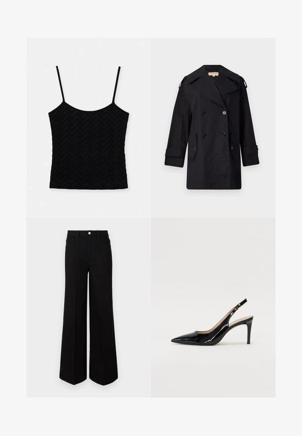 Svart dubbelknäppt trench coat med bred krage, knappar och sidofickor. Tillverkad av en slät tyg med rak skärning och uppvikta ärmar.; Svart cami-top med tunna axelremmar, tillverkad av ett texturerat tyg med ett subtilt chevron-mönster, figurvänlig design och sömlös konstruktion.; Svarta vida jeans i kraftig tyg, med hög midja, framfickor och knäppning fram. Slät fåll längst ner.; Svart patenterat läder slingback pumps med spetsig tå, smal klack och en subtil utskärning. Har en guldbuckle på remmen.