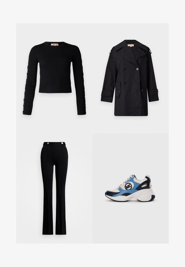 Schwarzer doppelter Trenchcoat mit breitem Kragen, Knöpfen und Seitentaschen. Hergestellt aus einem glatten Stoff mit geradem Schnitt und umgeschlagenen Ärmeln.; Es konnte kein Alternativtext generiert werden.; Schwarze, ausgestellte Hosen aus dehnbarem Stoff, mit hohem Bund, zwei vorderen Taschen und silbernen Knopfdetails am Bund.; Weiße, marineblaue und hellblaue Wildleder-Sneaker mit dicker Sohle und aufgesticktem rundem Logo an der Seite.