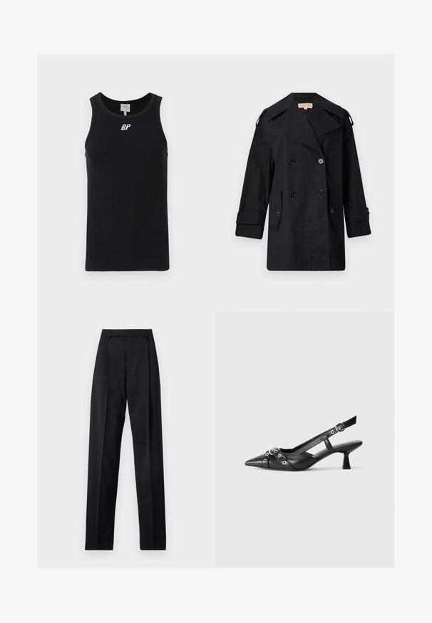 Fekete dupla gombos trench kabát széles gallérral, gombokkal és oldalsó zsebekkel. Simább anyagból készült, egyenes szabású és felhajtott ujjú.; Fekete ujjatlan tank top bordás anyagból, kerek nyakkivágással és fehér logóval a mellrészen. Egyszerű, mintás design nélkül.; Fekete nadrág sima anyagból, magas derékkal, széles lábakkal, elülső redőkkel és klasszikus övhurkokkal. Oldalzsebek nem láthatók.; Fekete bőr slingback cipő hegyes orral, dekoratív pántokkal, fém szemekkel és alacsony blokk sarkú. Texturált felület.