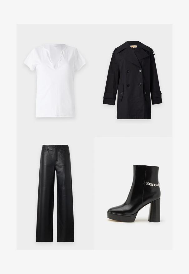 Schwarzer doppelter Trenchcoat mit breitem Kragen, Knöpfen und Seitentaschen. Hergestellt aus einem glatten Stoff mit geradem Schnitt und umgeschlagenen Ärmeln.; Weißes Baumwoll-T-Shirt mit kurzen Ärmeln, lockerer Passform und V-Ausschnitt mit einer Leiste aus fünf dekorativen Knöpfen.; Weite schwarze Lederhosen mit glatter Textur, ausgestattet mit Fronttaschen, einem Knopfverschluss und dezenten Steppnähten.; Schwarze Lackleder-Ankle-Boots mit plattenförmigem Absatz und hohem Blockabsatz. Verfügt über einen silbernen Kettenakzent an der Seite. Glatte Textur.
