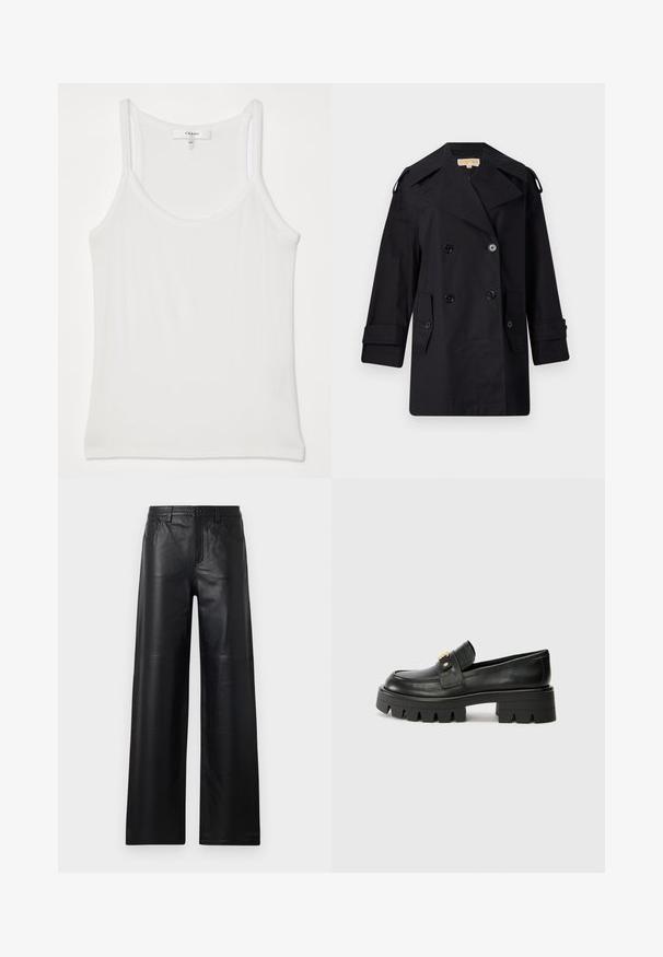 Crni dvostruko duguljasti kaput s širokim ovratom, kopčama i bočnim džepovima. Izrađen je od glatkog materijala s ravnim krojem i rukavima s manžetama.; Bijela bezrukavna majica izrađena od mekanog, rebrastog materijala; ima tanke naramenice i okrugli izrez, oznaka kaže "FRAME."; Široke crne kožne hlače s glatkom teksturom, koje imaju prednje džepove, kopčanje na dugme i suptilne detalje šivanja.; Crne kožne loafersice s debelim potplatom, s zlatnim akcentom sprijeda i glatkim završetkom. Debeli uzorak na potplatu.