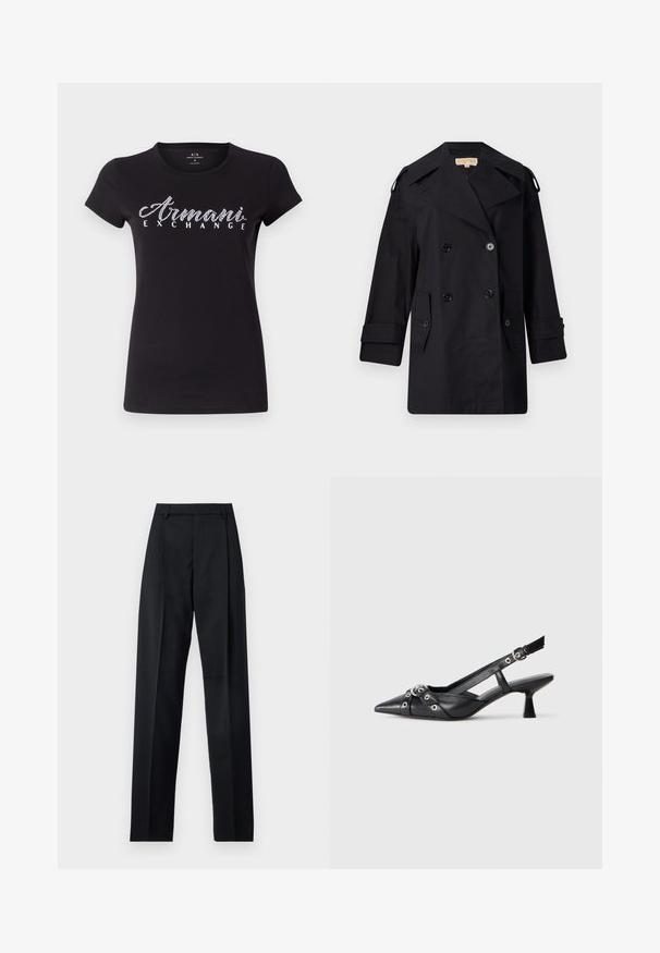 Sort dobbeltradet trenchcoat med bred krave, knapper og sidetaske. Lavet af et glat stof med lige snit og manchetter.; Sort kortærmet T-shirt lavet af bomuld, med et hvidt rhinestones-logo "Armani Exchange" på tværs af brystet. Glat tekstur, klassisk pasform.; Sorte bukser lavet af glat stof, der har høj talje, brede ben, frontfolder og klassiske bælteløkker. Ingen synlige sidelommer.; Sort lædersandal med spids tå, dekorative stropper med metaløjer og en lav blokhæl. Struktureret overflade.