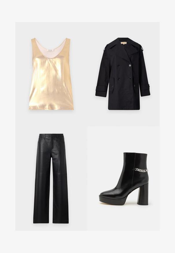 Mustat kaksiriviset trench-coatit laajalla kauluksella, napit ja sivutaskut. Valmistettu sileästä kankaasta, suoralinjainen malli ja käänteillä varustetut hihat.; Metallinen kultainen ilmanhiha yläosa, jossa on syvä pyöreä kaula-aukko. Sujuva pinta, istuva muotoilu ja pehmeä vuoritus.; Lepas hitam lebar dari kulit dengan tekstur halus, dilengkapi saku depan, penutupan kancing, dan detail jahitan yang halus.; Musta kiiltävä keinonahkasaapas nilkkapituisena, jossa on jykevä pohja ja korkea paljekorko. Sivussa on hopeinen ketjuviimeistely. Sileä pinta.