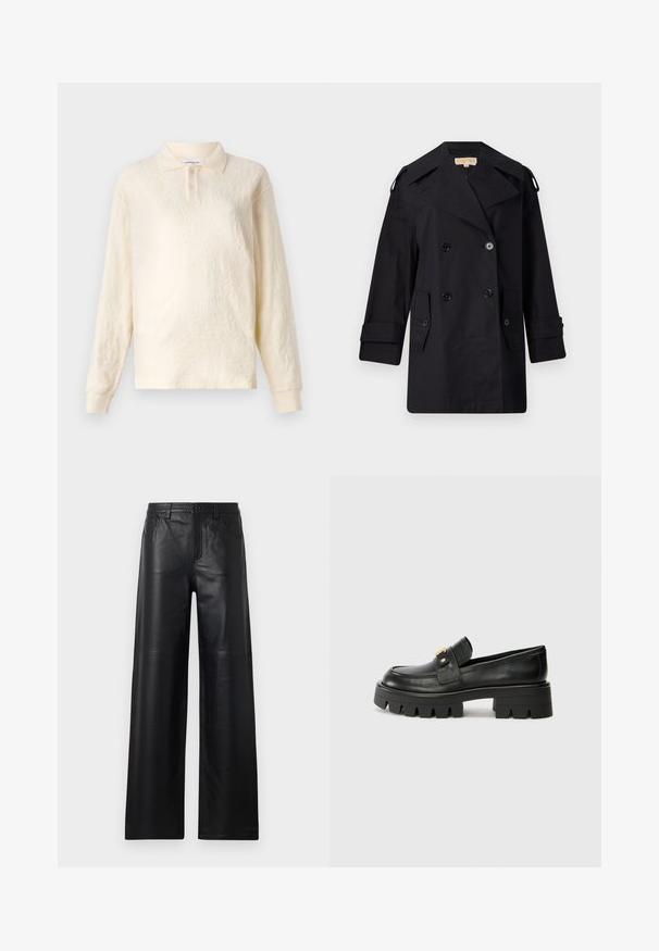 Fekete dupla gombos trench kabát széles gallérral, gombokkal és oldalsó zsebekkel. Simább anyagból készült, egyenes szabású és felhajtott ujjú.; Tejkrém színű, hosszú ujjú polo ing, texturált anyagból, három gombos kivágással és mandzsettás ujjvégekkel, diszkrét virágmintával.; Széles szárú fekete bőrnadrág sima textúrával, elülső zsebekkel, gombos zárással és finom varrással.; Fekete bőr loaferek masszív talppal, elöl arany színű díszítéssel és sima felülettel. A talpon vastag mintázat található.