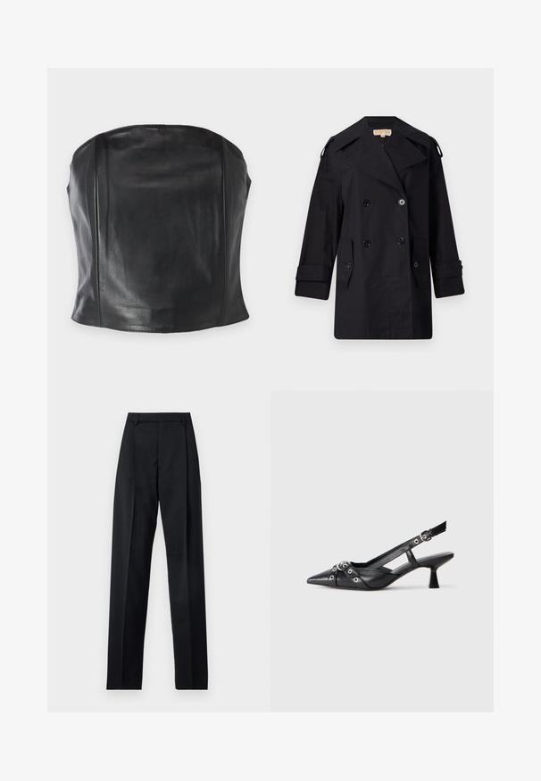 Black double-breasted trench coat with a wide collar, buttons, and side pockets. Made from a smooth fabric with a straight cut and cuffed sleeves.; Black leather strapless top featuring a fitted design, smooth texture, and subtle seams along the body for a tailored appearance.; Black trousers made from smooth fabric featuring a high waist, wide legs, front pleats, and classic belt loops. No side pockets visible.; Black leather slingback shoe with a pointed toe, decorative straps featuring metal eyelets, and a low block heel. Textured surface.