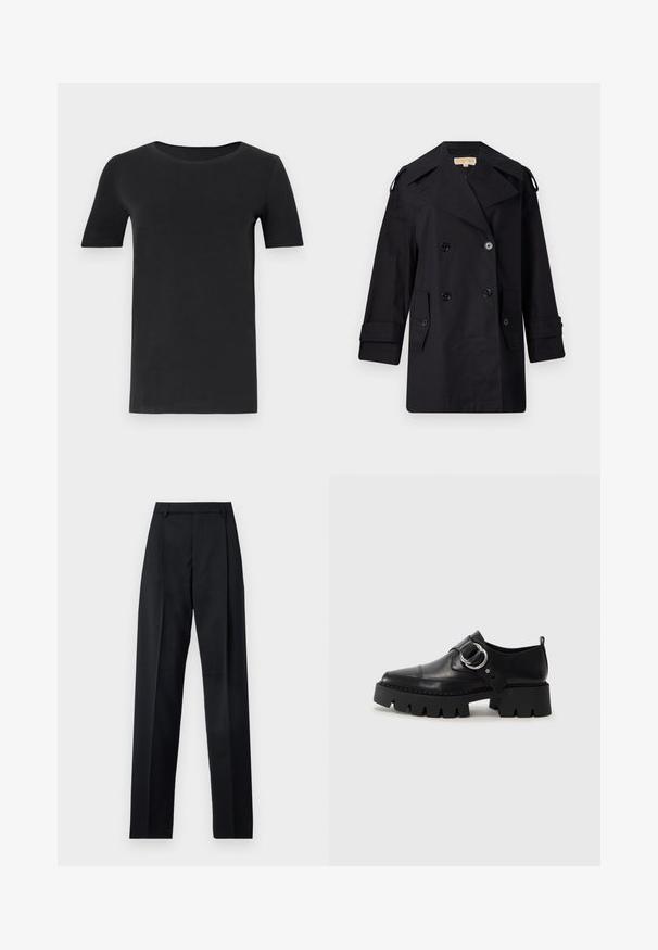 Black double-breasted trench coat with a wide collar, buttons, and side pockets. Made from a smooth fabric with a straight cut and cuffed sleeves.; Black short-sleeve t-shirt made of soft cotton, with a round neckline and a classic fit. Smooth texture, no patterns or embellishments.; Black trousers made from smooth fabric featuring a high waist, wide legs, front pleats, and classic belt loops. No side pockets visible.; Black leather shoes with a chunky, ribbed sole, featuring a circular silver hardware accent and minimal stitching detail.