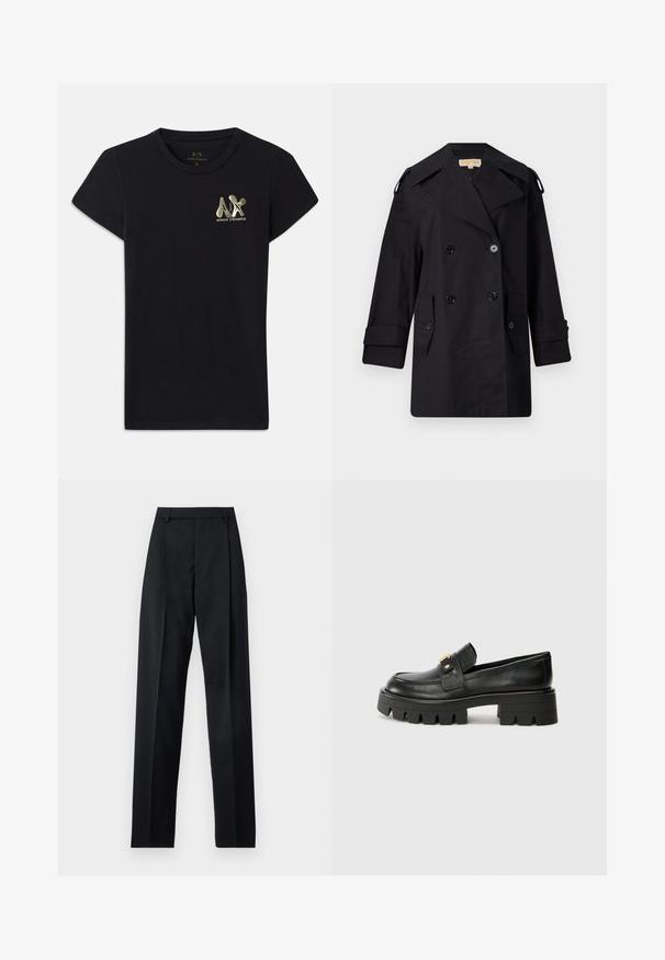 Crni dvostruko duguljasti kaput s širokim ovratom, kopčama i bočnim džepovima. Izrađen je od glatkog materijala s ravnim krojem i rukavima s manžetama.; Crna pamučna majica kratkih rukava, s zlatnim logotipom "A|X" i "ARMANI EXCHANGE" na lijevoj strani prsnog dijela. Standardni dizajn s okruglim izrezom.; Crne hlače od glatkog materijala s visokim strukom, širokim nogavicama, prednjim pregibima i klasičnim petljama za remen. Nema vidljivih bočnih džepova.; Crne kožne loafersice s debelim potplatom, s zlatnim akcentom sprijeda i glatkim završetkom. Debeli uzorak na potplatu.