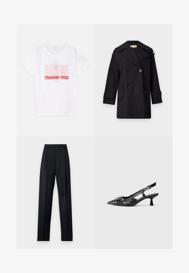 Cămașă neagră, cu dublu rând de nasturi, trenci cu guler larg, nasturi și buzunare laterale. Fabricată dintr-un material neted, cu o croială dreaptă și mâneci cu mansete.; Tricou alb din bumbac, cu mai multe grafice "MULTUMESC" în roșu, cu guler rotund și mâneci scurte. Textul are dimensiuni diferite ale fontului.; Pantaloni negri dintr-un material neted, cu talie înaltă, picioare largi, pliuri frontale și loop-uri clasice pentru curea. Fără buzunare laterale vizibile.; Pantofii slingback din piele neagră, cu vârful ascuțit, curele decorative cu ochiuri din metal și toc bloc mic. Suprafață texturată.