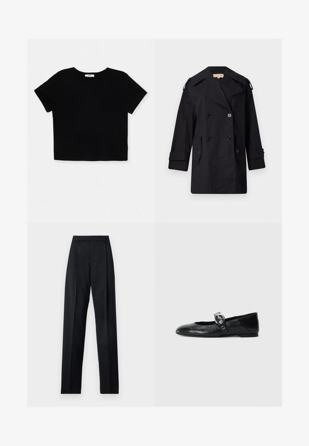 Mustat kaksiriviset trench-coatit laajalla kauluksella, napit ja sivutaskut. Valmistettu sileästä kankaasta, suoralinjainen malli ja käänteillä varustetut hihat.; Mustat lyhyet hihat ja pyöreä pääntie, tämä pehmeästä puuvillasta valmistettu lyhythihainen toppi on tyylikäs ja yksinkertainen. Siinä on siisti helma ilman koristeita.; Musta housut, jotka on valmistettu sileästä kankaasta ja joissa on korkea vyötärö, leveät lahkeet, etukaarteet ja klassiset vyölenkit. Ei näkyviä sivutaskuja.; Mustat nahka ballet-mokkasiinit, joissa on kärjellinen muoto, ympyrämäinen metallinen solki ja tasapohja.