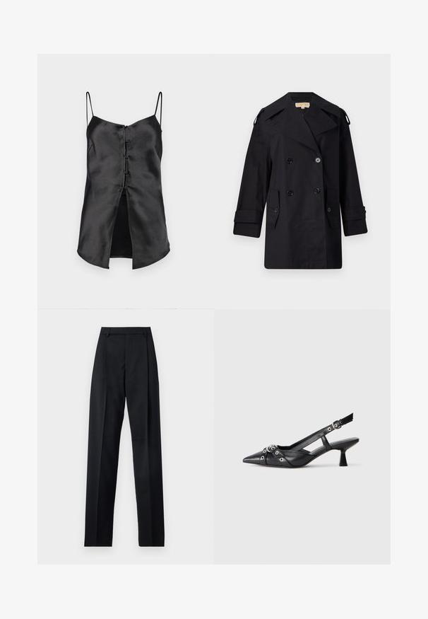 Zwarte dubbelzijdige trenchcoat met een brede kraag, knopen en zijzakken. Gemaakt van een gladde stof met een rechte snit en opgerolde mouwen.; Zwarte satijnen camisole met dunne bandjes, met een knoopsluiting aan de voorkant en een splitzoom voor extra detail. Soepele textuur en minimalistisch ontwerp.; Zwarte broek gemaakt van gladde stof met een hoge taille, wijde benen, voorplooien en klassieke ceintuurlussen. Geen zijzakken zichtbaar.; Zwarte leren slingback schoen met een puntige neus, decoratieve banden met metalen oogjes en een lage blokhak. Textuur oppervlak.