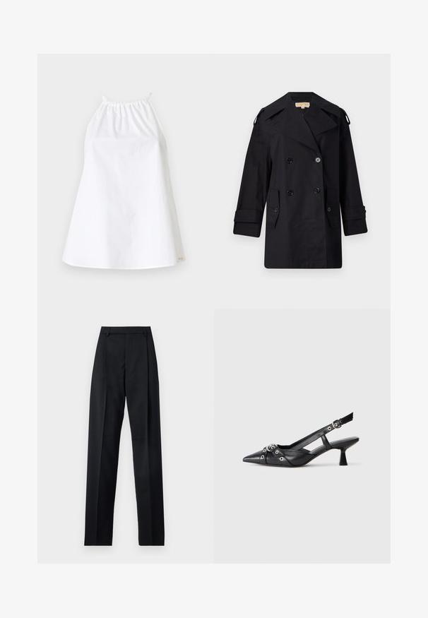 Schwarzer doppelter Trenchcoat mit breitem Kragen, Knöpfen und Seitentaschen. Hergestellt aus einem glatten Stoff mit geradem Schnitt und umgeschlagenen Ärmeln.; Weißes Oberteil mit Halterneck aus leichtem Stoff, das eine elastische Halslinie und Träger hat. Einfaches, lockeres Design ohne Muster oder Verzierungen.; Schwarze Hosen aus glattem Stoff mit hoher Taille, weitem Bein, vorderen Falten und klassischen Gürtelschlaufen. Keine sichtbaren Seitentaschen.; Schwarzer Leder-Slingback-Schuh mit spitz zulaufender Zehenpartie, dekorativen Riemen mit METALLÖSEN und niedrigem Blockabsatz. Strukturelle Oberfläche.