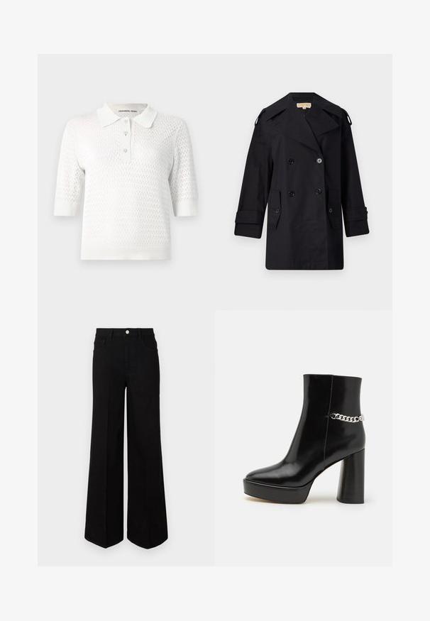 Sort dobbeltradet trenchcoat med bred krave, knapper og sidetaske. Lavet af et glat stof med lige snit og manchetter.; Hvid polo-shirt med korte ærmer, der har et tekstureret strikket design, med en knaplukning og en kontrasterende krave. Diskret diamantmønster gennem hele.; Sorte vide ben-jeans lavet af robust stof, med høj talje, forlommer og en frontal knaplukning. Flad kant i bunden.; Sorte lakerede ankelstøvler med en kraftig platform og høj blokhæl. Har en sølv kædeaccent på siden. Glat tekstur.