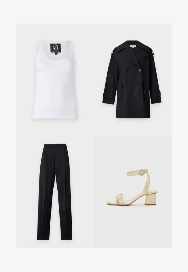 Abrigo de trinchera negro de doble botonadura con un amplio cuello, botones y bolsillos laterales. Fabricado en una tela suave con un corte recto y mangas con puños.; Camiseta sin mangas blanca, hecha de un tejido suave, con un escote redondeado y un sutil logo bordado en el frente.; Pantalones negros de tela suave con cintura alta, piernas amplias, pliegues frontales y lazos de cinturón clásicos. No hay bolsillos laterales visibles.; Sandalias de tacón alto beige con diseño minimalista, que presentan dos acentos circulares y un tacón grueso. Fabricadas en cuero suave.