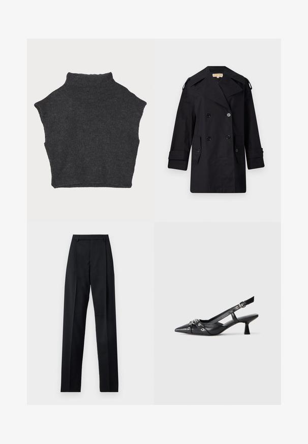 Schwarzer doppelter Trenchcoat mit breitem Kragen, Knöpfen und Seitentaschen. Hergestellt aus einem glatten Stoff mit geradem Schnitt und umgeschlagenen Ärmeln.; Dunkelgrauer, kurz geschnittener Pullover mit hohem Kragen, aus strukturiertem Strickmaterial gefertigt, mit kurzen Ärmeln und geradem Saum.; Schwarze Hosen aus glattem Stoff mit hoher Taille, weitem Bein, vorderen Falten und klassischen Gürtelschlaufen. Keine sichtbaren Seitentaschen.; Schwarzer Leder-Slingback-Schuh mit spitz zulaufender Zehenpartie, dekorativen Riemen mit METALLÖSEN und niedrigem Blockabsatz. Strukturelle Oberfläche.