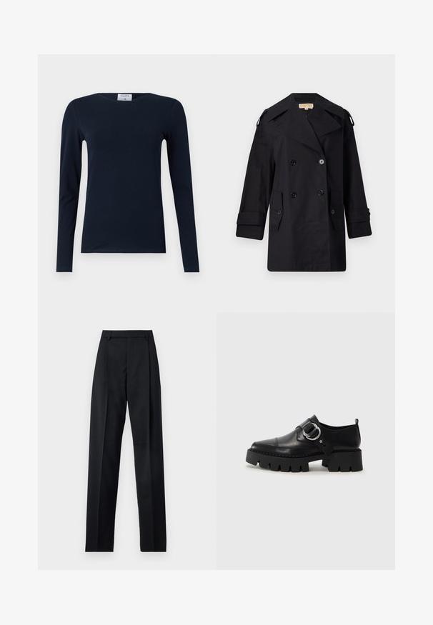 Juodas dvigubas paltas su plačiu apykakle, mygtukais ir šoninėmis kišenėmis. Pagamintas iš lygaus audinio su tiesia kirpimo linija ir rankovėmis su atvartais.; Jūros mėlynos spalvos ilgomis rankovėmis marškinėliai, pagaminti iš minkštos medvilnės. Turi apvalią kaklo iškirptę, liesą siluetą ir įprastą apdailą, nėra matomų raštų ar akcentų.; Juodos kelnės iš lygaus audinio, pasižyminčios aukštu liemeniu, plačiomis kojomis, priekinėmis klostėmis ir klasikiais diržo kilpomis. Šoninių kišenių nematyti.; Juodos odinės bateliai su masyviu, grioveliuotu padu, su apvaliu sidabro detalės akcentu ir minimaliais siuvimo elementais.