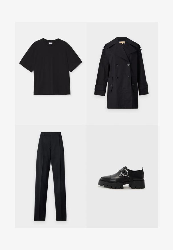 Črn dvojnikičasti plašč s širokim ovratnikom, gumbi in stranskimi žepi. Narejen iz gladkega materiala, z ravnim krojem in manšetami.; Črna kratka majica s kratkimi rokavi iz bombaža. Ima sproščen kroj, okrogel ovratnik in brez vidnih vzorcev ali okraskov.; Črne hlače iz gladkega materiala, ki imajo visok pas, široke noge, sprednje nabore in klasične zanke za pas. Nevidni stranski žepi.; Črne usnjene čevlje z debelim, rebrastim podplatom, ki imajo okroglo srebrno kovinsko dodatno opremo in minimalne šive.