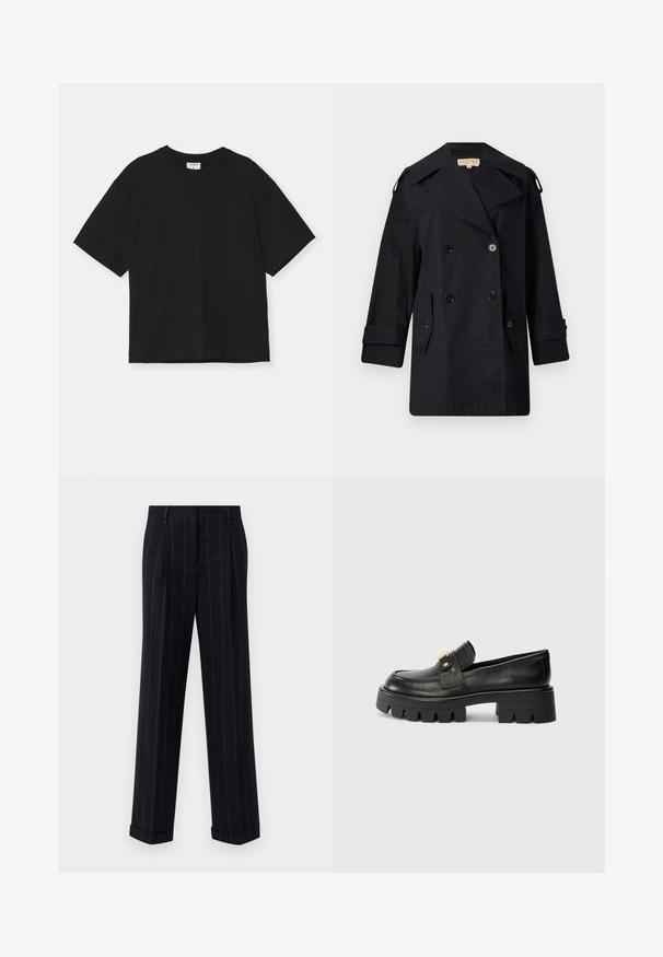 Schwarzer doppelter Trenchcoat mit breitem Kragen, Knöpfen und Seitentaschen. Hergestellt aus einem glatten Stoff mit geradem Schnitt und umgeschlagenen Ärmeln.; Schwarzes kurzärmeliges T-Shirt aus Baumwolle. Es hat eine lockere Passform, einen runden Halsauschnitt und keine sichtbaren Muster oder Verzierungen.; Schwarz gestreifte Hose mit tailliertem Schnitt, mit einem umgeschlagenen Saum und vorderen Falten. Hergestellt aus glattem Stoff mit einer strukturierten Gestaltung.; Schwarze Lederloafers mit einer klobigen Sohle, die an der Vorderseite ein goldfarbenes Akzent und eine glatte Oberfläche aufweisen. Klobiges Profil-Design auf der Sohle.