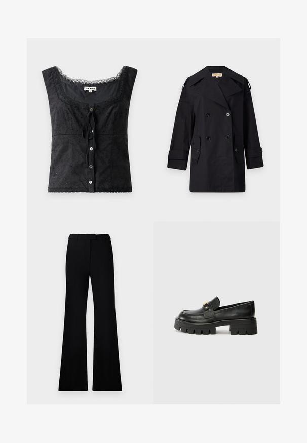 Čierny dvojradový trenčkot s širokým golierom, gombíkmi a bočnými vreckami. Vyrobený z hladkej látky s rovným strihom a manžetami.; Čierny top bez rukávov s kvetinovou výšivkou, s výstrihom do tvaru lode, s uzáverom na gombík a detailmi z čipky. Obsahuje viazanie vpredu.; Čierne rozšírené nohavice s hladkou textúrou, prispôsobeným pásom a prednými vreckami, navrhnuté s elegantnou, modernou siluetou.; Čierne kožené mokasíny s masívnou podrážkou, s akcentom v zlatej farbe na prednej strane a hladkým povrchom. Na podrážke je výrazný dezén.