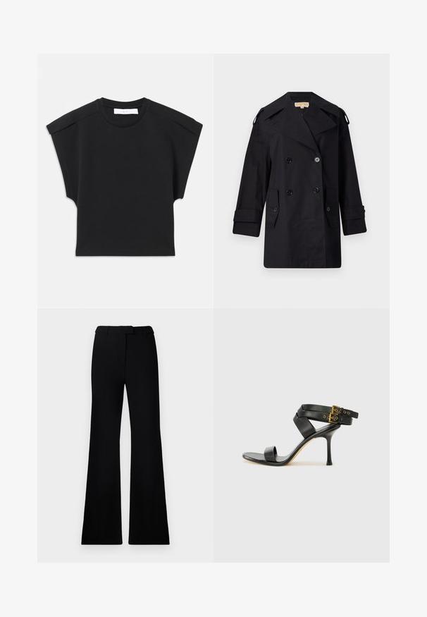 Juodas dvigubas paltas su plačiu apykakle, mygtukais ir šoninėmis kišenėmis. Pagamintas iš lygaus audinio su tiesia kirpimo linija ir rankovėmis su atvartais.; Juodas trumpas rankovėmis viršus su apvaliu iškirpimu ir pečių detalėmis, išdėstytas plokščiai ant balto fono.; Juodos platėjančios kelnės su lygiu paviršiumi, pritaikyta juosmeniu ir priekinių kišenių dizainu, sukurtos su modernia, elegantiška siluetu.; Juodi kulniškų sandalai su kryžminėmis juostelėmis ir reguliuojamu sagtimi. Ypatybė – lygus paviršius ir siauras smailas kulnas.