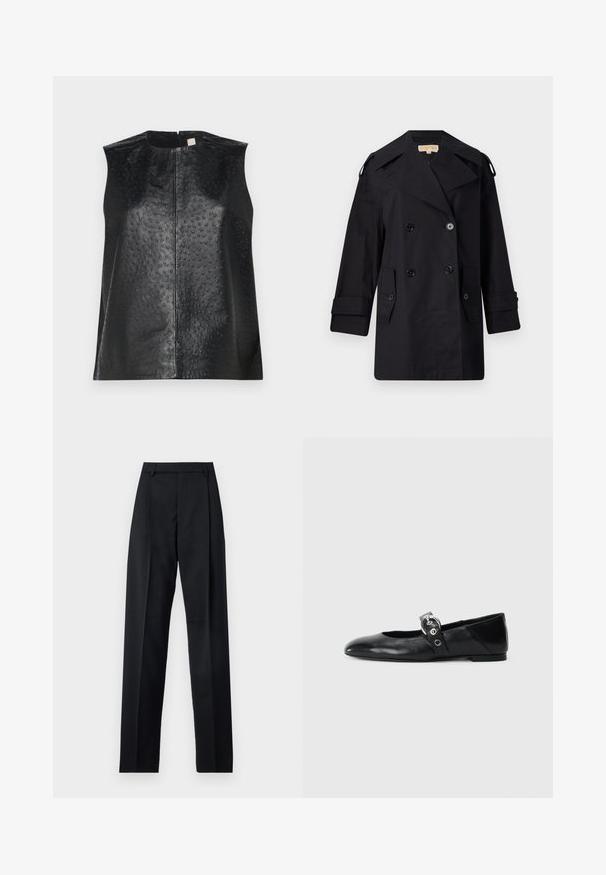 Crni dvostruko duguljasti kaput s širokim ovratom, kopčama i bočnim džepovima. Izrađen je od glatkog materijala s ravnim krojem i rukavima s manžetama.; Crna kožna bezrukavna majica s glatkom završnom obradom i točkastom teksturom. Ima okrugli izrez i središnji patentni zatvarač na leđima.; Crne hlače od glatkog materijala s visokim strukom, širokim nogavicama, prednjim pregibima i klasičnim petljama za remen. Nema vidljivih bočnih džepova.; Crne kožne baletanke s špicastim nosom, s remenom s okruglom metalnom kopčom i ravnim potplatom.