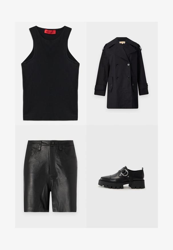Cămașă neagră, cu dublu rând de nasturi, trenci cu guler larg, nasturi și buzunare laterale. Fabricată dintr-un material neted, cu o croială dreaptă și mâneci cu mansete.; Top negru fără mâneci, fabricat din bumbac moale. Featurează un gât rotund și un tiv standard. Design simplu, fără modele sau accente vizibile.; Shorts negri din piele cu o textură netedă, având un fermoar frontal, închidere cu nasture și un design clasic cu cinci buzunare.; Pantofi din piele neagră cu o talpă groasă, nervurată, având un accent circular din metalargintiu și un detaliu minim de cusătură.