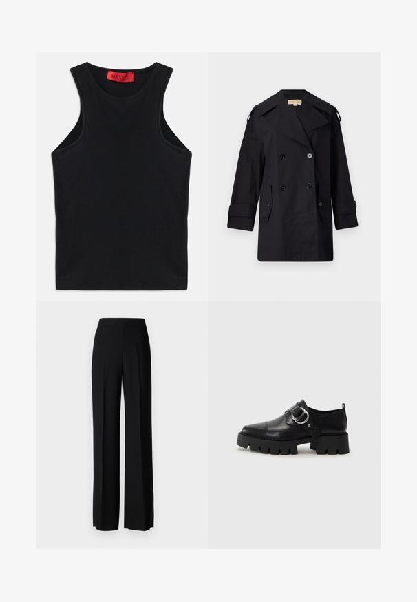 Crni dvostruko duguljasti kaput s širokim ovratom, kopčama i bočnim džepovima. Izrađen je od glatkog materijala s ravnim krojem i rukavima s manžetama.; Crna majica bez rukava izrađena od mekog pamuka. Ima okrugli izrez i standardni rub. Jednostavan dizajn, bez vidljivih uzoraka ili akcenta.; Crne široke hlače s glatkom teksturom, s visokim strukom i središnjim pregibima. Nema vidljivih uzoraka ili hardverskih detalja.; Crne kožne cipele s debelim, rebrastim potplatom, koje imaju okrugli srebrni detalj i minimalne šavove.