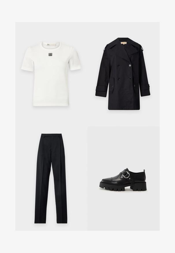 Cămașă neagră, cu dublu rând de nasturi, trenci cu guler larg, nasturi și buzunare laterale. Fabricată dintr-un material neted, cu o croială dreaptă și mâneci cu mansete.; Tricou alb cu mânecă scurtă, cu detaliu pătrat negru pe piept; guler rotund, formă ajustată și textură moale.; Pantaloni negri dintr-un material neted, cu talie înaltă, picioare largi, pliuri frontale și loop-uri clasice pentru curea. Fără buzunare laterale vizibile.; Pantofi din piele neagră cu o talpă groasă, nervurată, având un accent circular din metalargintiu și un detaliu minim de cusătură.