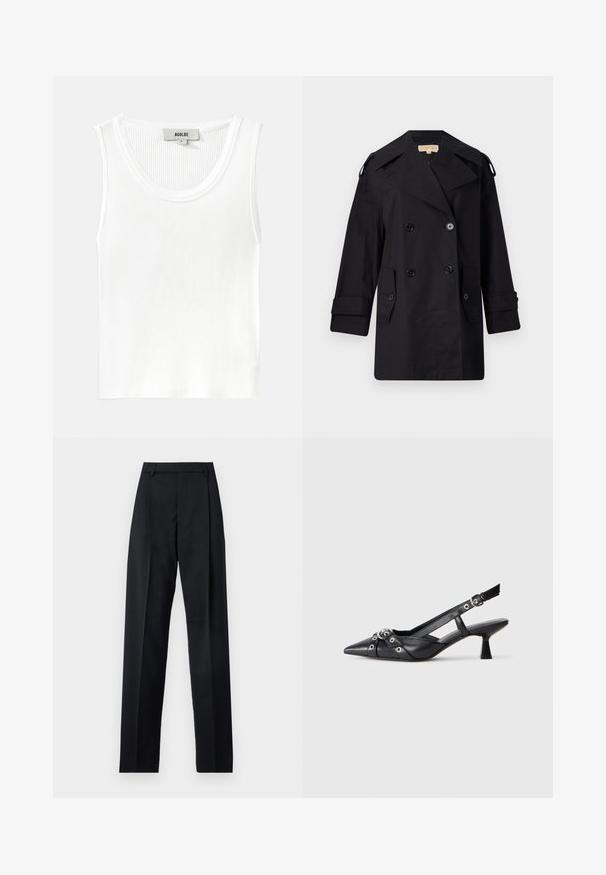 Must musta kahekordne trench coat laia kraega, nuppude ja küljetaskutega. Valmistatud siledast kangast, sirge lõike ja mansettidega varrukatega.; Valge ribadega top ümmarguse kaeluse ja laiate õlavarrepaeltega, millel on silt "AGOLDE" ja suurus "S."; Mustad püksid siledast kangast, millel on kõrge vöökoht, laiad jalad, esimesed kortsud ja klassikalised vööloopid. Küljepockets pole nähtavad.; Must must have must toote tõmblukuga, dekoratiivsed rihmad metallist silmadega ja madal blokk-kand. Tekstureeritud pind.