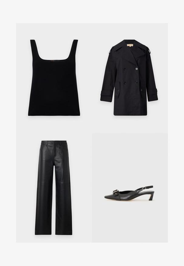 Schwarzer doppelter Trenchcoat mit breitem Kragen, Knöpfen und Seitentaschen. Hergestellt aus einem glatten Stoff mit geradem Schnitt und umgeschlagenen Ärmeln.; Schwarzes, ärmelloses Tanktop mit quadratischem Ausschnitt. Hergestellt aus glattem Stoff, mit einem schlichten Design und einem genähten Logodetail innen.; Weite schwarze Lederhosen mit glatter Textur, ausgestattet mit Fronttaschen, einem Knopfverschluss und dezenten Steppnähten.; Schwarzer Leder Slingback-Schuh mit spitzer Zehenform, kleinem Absatz und dekorativem Schnallen-Detail auf dem Obermaterial. Glatte Textur, minimalistisches Design.