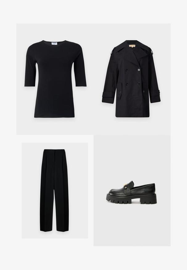 Crni dvostruko duguljasti kaput s širokim ovratom, kopčama i bočnim džepovima. Izrađen je od glatkog materijala s ravnim krojem i rukavima s manžetama.; Crni dugi rukav majica izrađena od mekog, rastezljivog materijala. Ima okrugli izrez i prilagođeni kroj s rukavima srednje duljine.; Crne široke hlače s visokim strukom, s naborima i glatkom teksturom. Tkanina izgleda lagano i elegantno pada.; Crne kožne loafersice s debelim potplatom, s zlatnim akcentom sprijeda i glatkim završetkom. Debeli uzorak na potplatu.