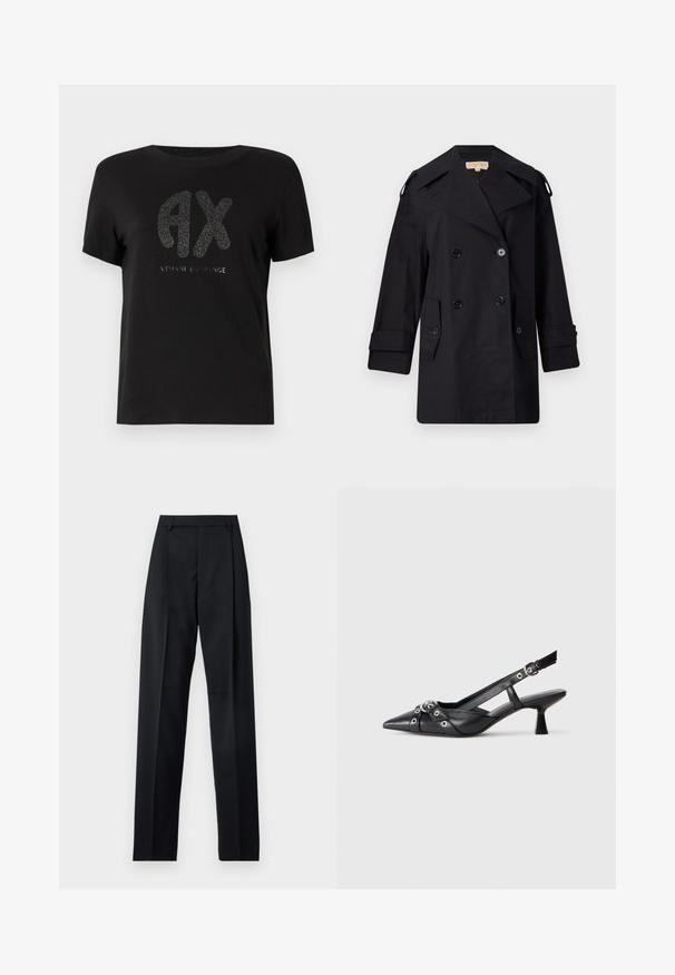 Černý dvojřadý trenčkot s širokým límcem, knoflíky a bočními kapsami. Vyroben z hladkého materiálu se rovnými liniemi a manžetovými rukávy.; Černé bavlněné tričko s krátkým rukávem, které má velké třpytivé logo "AX" a pod ním lesklý text "ARMANI EXCHANGE".; Černé kalhoty vyrobené z hladké tkaniny, vybavené vysokým pasem, širokými nohavicemi, předními záhyby a klasickými poutky na opasek. Nejsou viditelné boční kapsy.; Černé kožené slingback boty s špičatou špičkou, dekorativními pásky s kovovými očky a nízkým blokovým podpatkem. Texturovaný povrch.