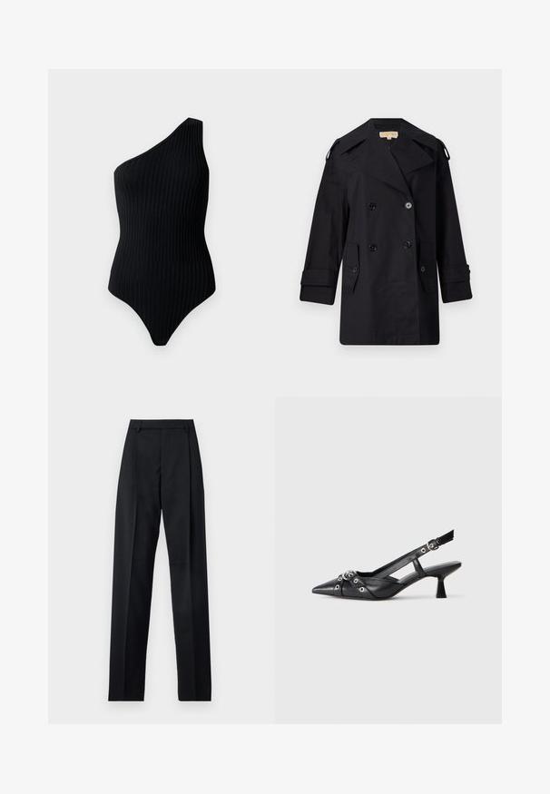 Čierny dvojradový trenčkot s širokým golierom, gombíkmi a bočnými vreckami. Vyrobený z hladkej látky s rovným strihom a manžetami.; Čierny jedno-ramenný body s ribbovanou textúrou. Má priliehavý strih a bezšvový dizajn, ktorý zdôrazňuje minimalistický vzhľad.; Čierne nohavice vyrobené z hladkej látky s vysokým pásom, širokými nohavicami, prednými záhybmi a klasickými pútkami na opasok. Žiadne bočné vrecká nie sú viditeľné.; Čierne kožené slingback topánky s špicatou špičkou, ozdobnými popruhmi s kovovými očkami a nízkym blokovým podpätkom. Textúrovaný povrch.