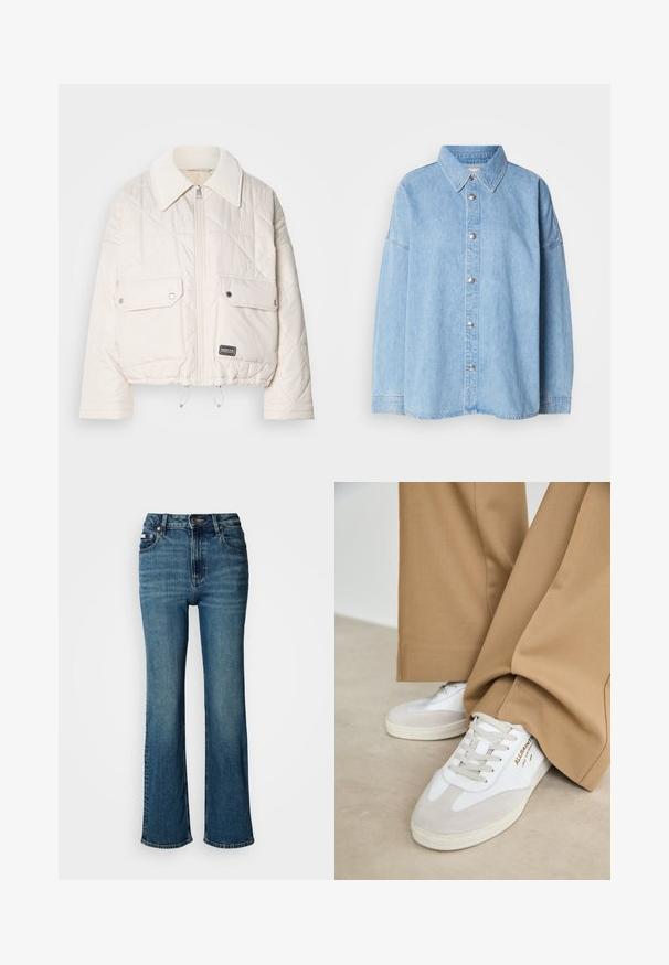 Padded white cropped jacket with a diamond quilted pattern, featuring a large collar, front zipper, and two flap pockets. Brand label visible.; Light blue denim shirt with a button-up front, spread collar, and long sleeves, featuring metal buttons and a relaxed fit design.; High-waisted blue jeans made of denim, featuring a straight leg design, subtle fading, and a standard button and zipper closure.; White sneakers with suede accents, textured laces, and a rubber sole. Paired with loose tan trousers. Logo displayed on the side.