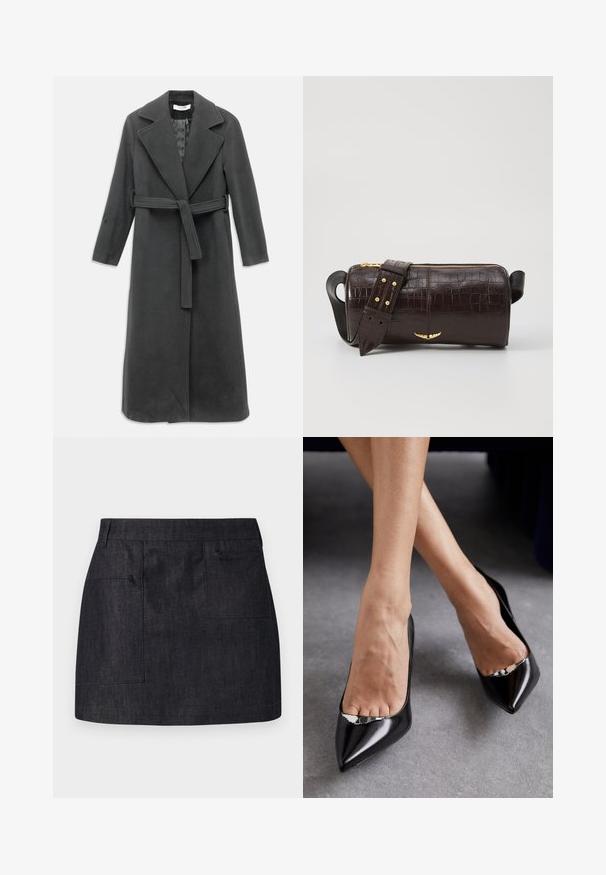 Dlhý kabát v uhlíkovosivých tónoch vyrobený z mäkkej tkaniny, s vyrezávaným golierom, pásom s opaskom a zapínaním na predné gombíky. Hladká textúra, dlhé rukávy.; Hrejivý sveter s hrubým pletením v krémových a sivých odtieňoch. Má široký rebrovaný golier a manžety, s boxy strihom a textúrovaným vzorom po celom povrchu.; Tmavý denimový sukňa so rovnými strihom, ktorá má dve predné vrecká a jemnú textúru. Čistý lem a štandardný dizajn pásu.; Čierne kožené topánky na vysokom opätku s špicatou špičkou a otvoreným dizajnom, ktorý obsahuje dekoratívny strieborný akcent. Hladká textúra s lesklým povrchom.; Hnedá taška z kože s embosovaným vzorom krokodíla, cylindrického tvaru, so zlatými hardvérovými doplnkami a odnímateľným popruhom so štítkami.