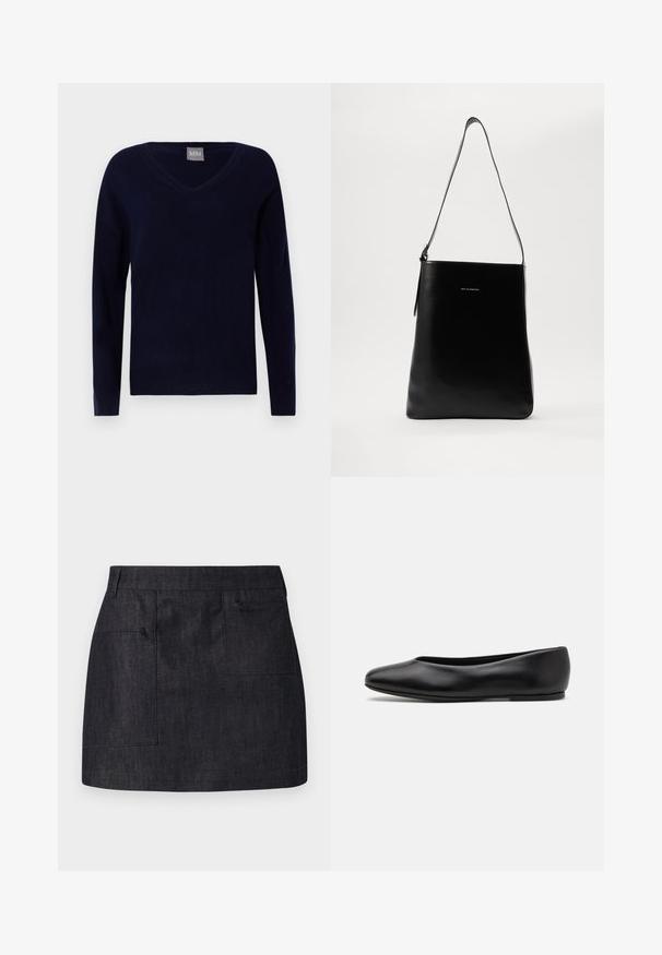 Sötétszürke gyapjú kabát hajtókás gallérral, hosszú ujjakkal és öves derékkal. Egyenes szabású és sima textúrájú.; Tengeri V-nyakú pulóver, puha kötött anyagból; hosszú ujjakkal és egyenes aljjal rendelkezik, bordás részletekkel az ujjaknál és az alján.; Sötét farmer szoknya egyenes szabással, két elülső zsebbe és finom textúrába ágyazva. Tiszta szegély és standard derékpánt kialakítás.; Paul Smith TOPANGA - Balerina cipők - black; Fekete bőrtáska sima textúrával, téglalap alakú, hosszú pánttal; a közepén egy kis fehér logó található.