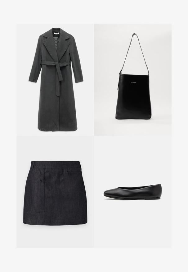 Tamnosivi vuneni kaput s izrezanim ovratnikom, dugim rukavima i pojasevima u struku. Ima ravni kroj i glatku teksturu.; Crni dugi rukav turtleneck majica izrađena od glatkog materijala, s volanima oko vrata i uskim siluetom s jednostavnim rubovima.; Tamni traper suknja ravnog kroja, s dva prednja džepa i suptilnom teksturom. Čista rubna linija i klasičan dizajn struka.; Paul Smith TOPANGA - Balerinke - black; Crna kožna torba preko ramena s glatkom teksturom, pravokutnim oblikom i dugim remenom; ima mali bijeli logo u sredini.