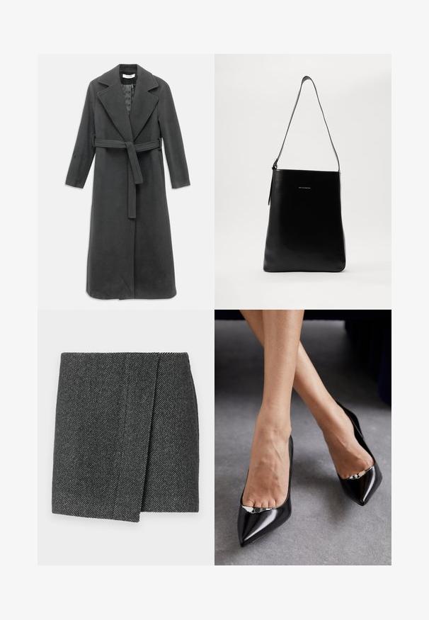 Cappotto lungo grigio antracite realizzato in tessuto morbido, con colletto a crestina, vita cintata e chiusura frontale con bottoni. Tessuto liscio, maniche lunghe.; Top in cotone grigio a coste con scollo tondo e spalline larghe. Presenta una texture morbida e un design aderente. Etichetta del marchio visibile.; Gonna grigia a motivo chevron con design avvolgente, caratterizzata da un tessuto testurizzato e un orlo dritto e pulito.; Scarpe nere in pelle con tacco alto, punta affilata e design aperto, caratterizzate da un accento decorativo in argento. Texture liscia con finitura lucida.; Borsa a tracolla in pelle nera con texture liscia, forma rettangolare e tracolla lunga; presenta un piccolo logo bianco al centro.