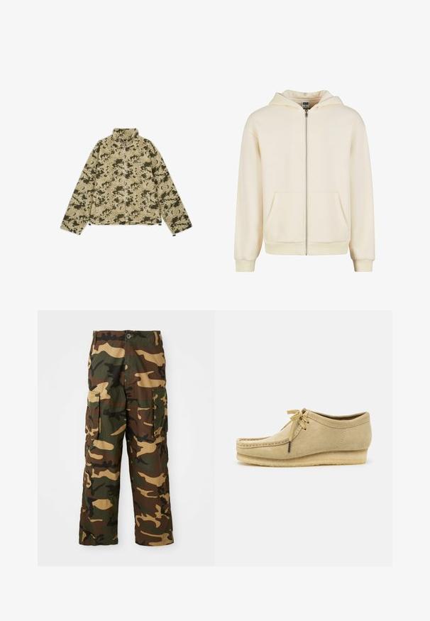 Grønn og beige kamuflert fleecejakke med høy krage, glidelås foran og sidelommer. Har en strukturert, myk overflate.; Kremfarget zip-up hettegenser laget av myk stoff, med foret hette, frontlommer og ribbestrikkede mansjetter og hem som gir en tett passform.; Hvit bomull t-skjorte med korte ermer, rund utringning, avslappet passform, og ingen synlige logoer eller mønstre. Glatt tekstur og minimalistisk design.; Kamuflasje cargo bukser i grønn, brun og beige. Har to store sidelommer og knappestenging. Laget av teksturert stoff.; Beige semsket sko med snøring, sydd detaljer og gummisåle. Formen er uformell med en liten kilehæl.