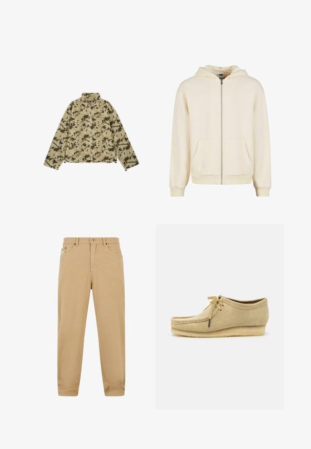 Žalias ir smėlio spalvos kamufliažo pledo striukė su aukštu apykakle, zip užtrauktuku ir šoninėmis kišenėmis. Pasižymi tekstūruota, minkšta paviršiumi.; Kreminė užtraukiama glaustinė, pagaminta iš minkštos medžiagos, su pamuštu gobtuvu, priekinėmis kišenėmis ir neribotais rankogaliais bei apatine dalimi, užtikrinančiomis tvirtą prisitaikymą.; Balta medvilninė marškinėlių užsagėlė su trumpomis rankovėmis, apvaliu kaklu, laisva forma ir be matomų logotipų ar raštų. Lygi tekstūra ir minimalus dizainas.; Bežinės medvilninės kelnės su tiesiu kirpimu, su užtrauktuku, penkiais kišenėmis ir subtilmis siuvimo detalėmis. Glotni tekstūra ir klasikinis dizainas.; Bežiniai zomšiniai batai su raištelių užsegimu, siuvinėjimo detalėmis ir guminiais padais. Forma yra kasdieniška su nedideliu pakulniu.