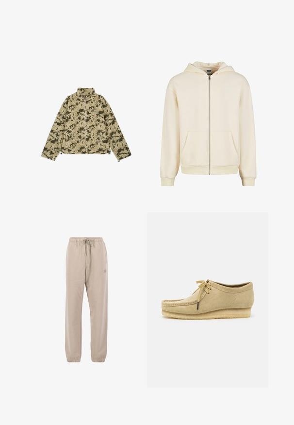 Grön och beige kamouflage fleecejacka med hög krage, dragkedja och sidofickor. Har en strukturerad, mjuk yta.; Krämfärgad zip-up hoodie tillverkad av mjukt tyg, med foder i huven, framfickor och ribbade muddar och nederdel för en åtsittande passform.; Vit bomull t-shirt med korta ärmar, rundad halsringning, avslappnad passform och utan synliga logotyper eller mönster. Slät textur och minimal design.; Beiga sweatpants gjorda av mjukt tyg, med dragsko i midjan, elastiska mudd och en liten logotyp på sidan.; Beige mockaskinnssko med snörning, sydda detaljer och gummisula. Formen är avslappnad med en lätt kilklack.