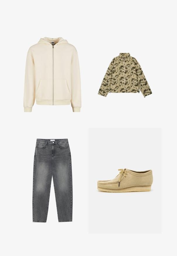 Veste en polaire camouflage verte et beige avec un col montant, fermeture éclair et poches latérales. Présente une surface douce et texturée.; Haut à zip crème en tissu doux, doté d'une capuche doublée, de poches avant et de poignets et ourlet côtelés pour un ajustement parfait.; T-shirt en coton blanc avec des manches courtes, un col rond, une coupe décontractée et sans logos ni motifs visibles. Texture lisse et design minimaliste.; Jean taille haute, décontracté en denim noir délavé. Comprend cinq poches, des passants de ceinture et un design de jambe droite épurée.; Chaussure en daim beige avec un design à lacets, des détails cousus et une semelle en caoutchouc. La forme est décontractée avec un léger talon compensé.